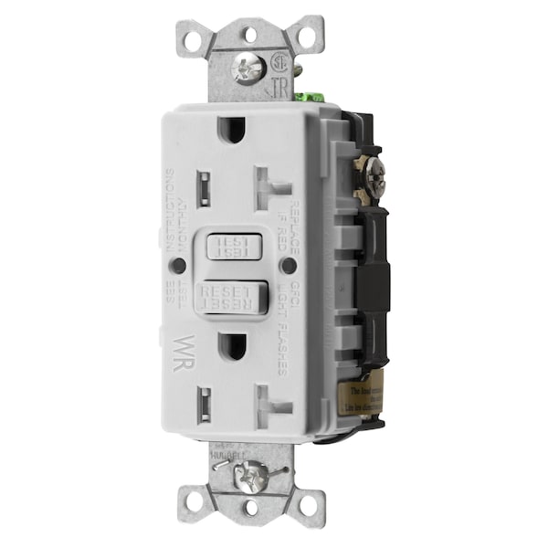 Straight Blade Devices, Receptacle, GFCI, Tamper and Weather Resistant, Commercial Grade, Self Test, 20A 125V, 2- Pole 3-Wire Grounding, 5-20R, White, ERPO Version
